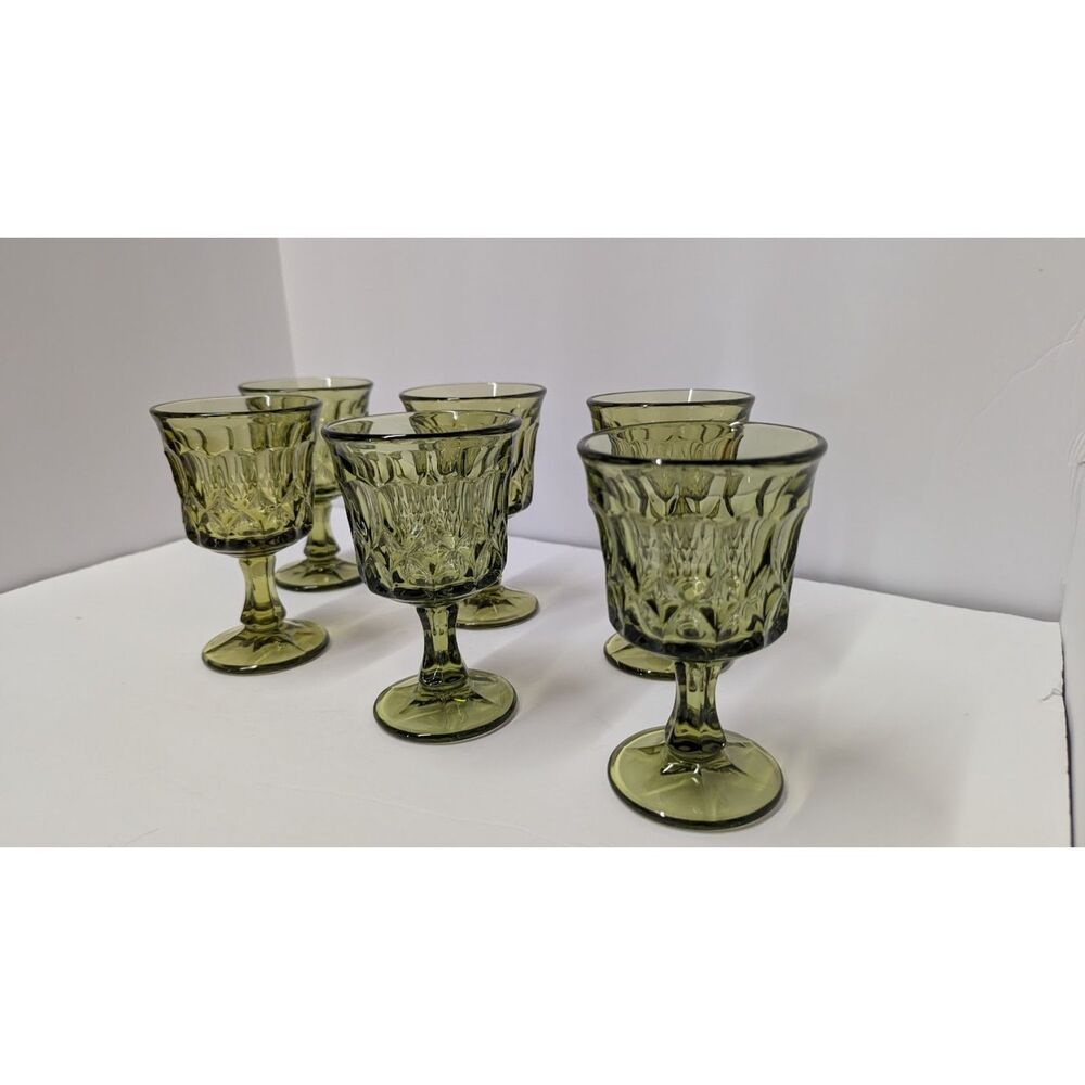 Vintage Noritake Perspective Avocado Green Glass Water Goblets Stemware Set of 6